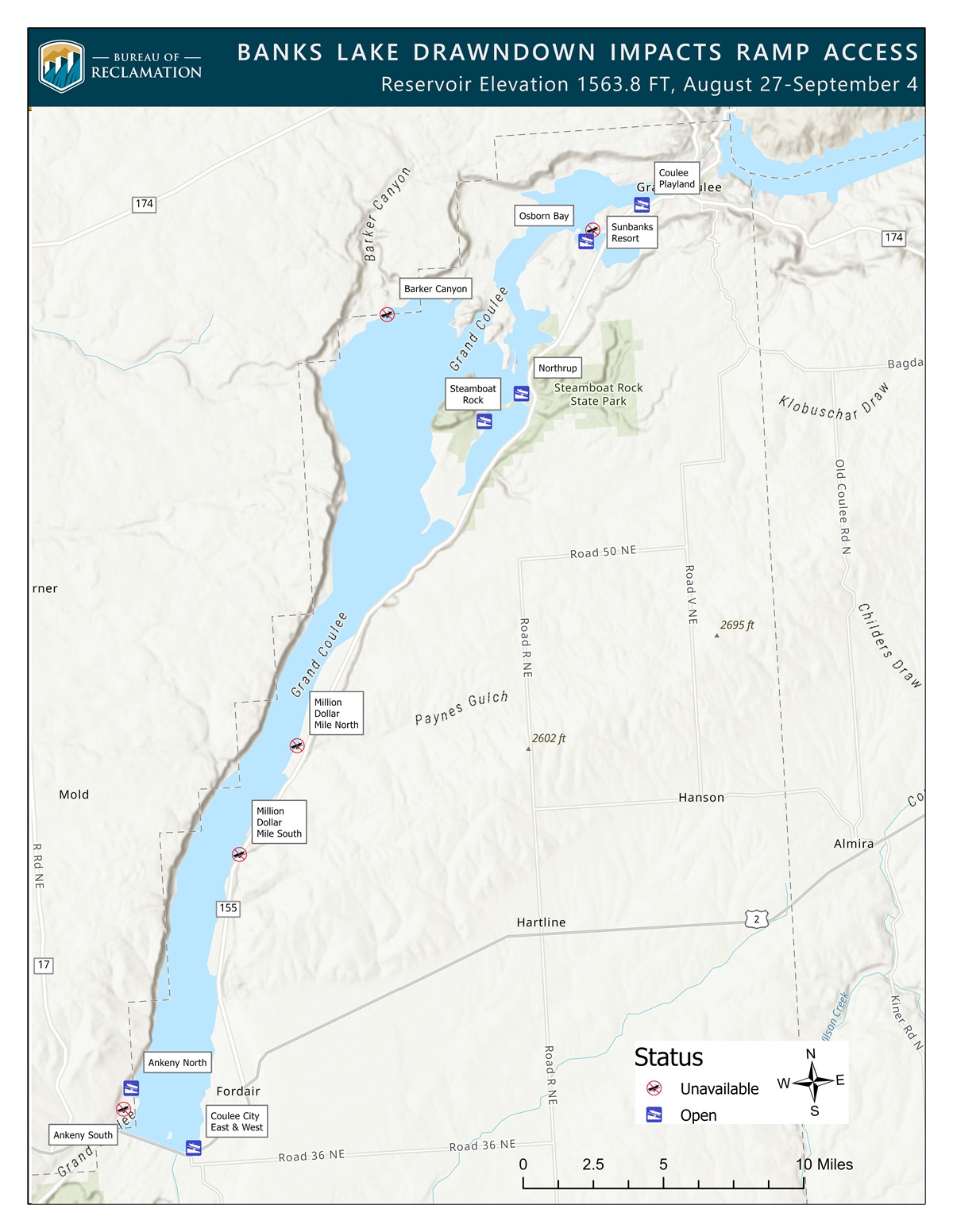 Map of ramp access impacted by the Banks Lake drawdown.